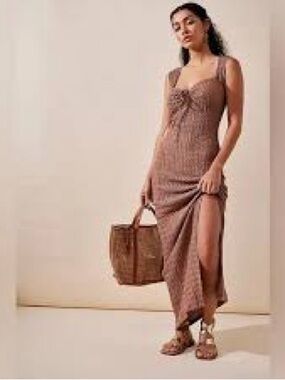 FREE PEOPLE Eleni Bodycon Maxi Dress Brown Knit Dress Side Slit FP Beach S Boho